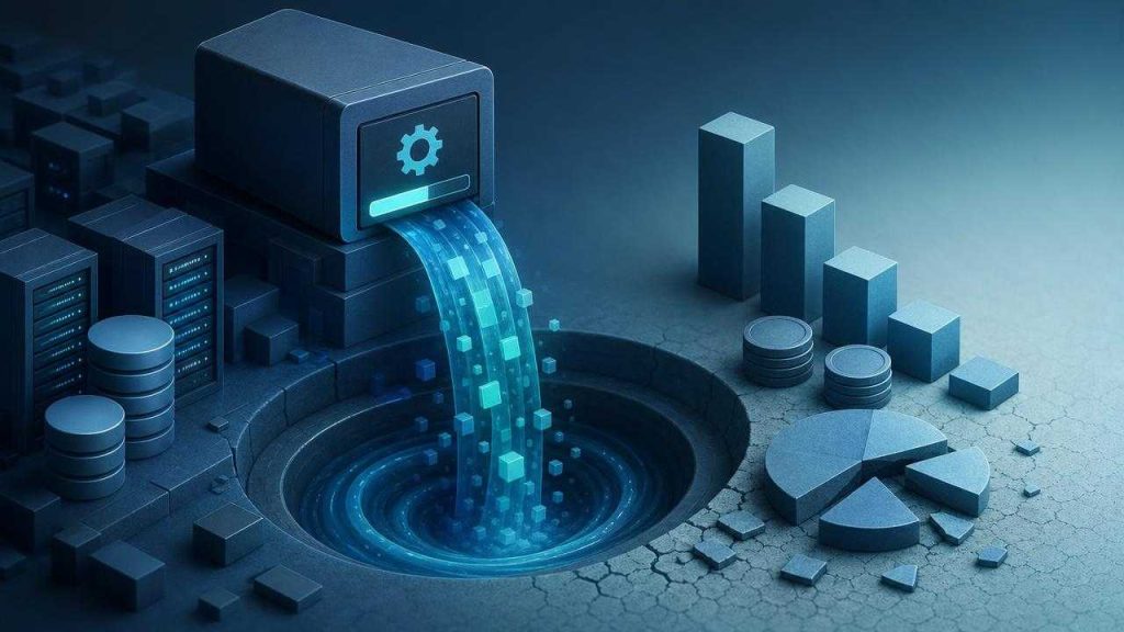 Conceptual illustration of a software upgrade device pouring glowing data into a drain beside server racks, coin stacks and declining charts.